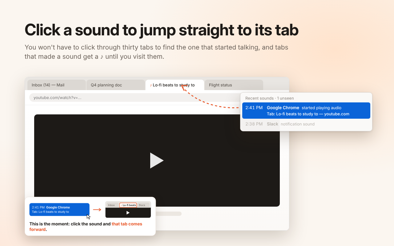 Clicking a Google Chrome entry in What Dinged jumps to the YouTube tab that started playing, which is marked with a music note in its title