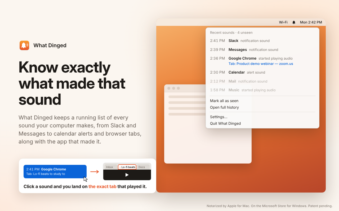 The What Dinged menu open from the Mac menu bar, listing recent sounds by time and app: Slack, Messages, a Google Chrome tab playing a webinar on zoom.us, and Calendar