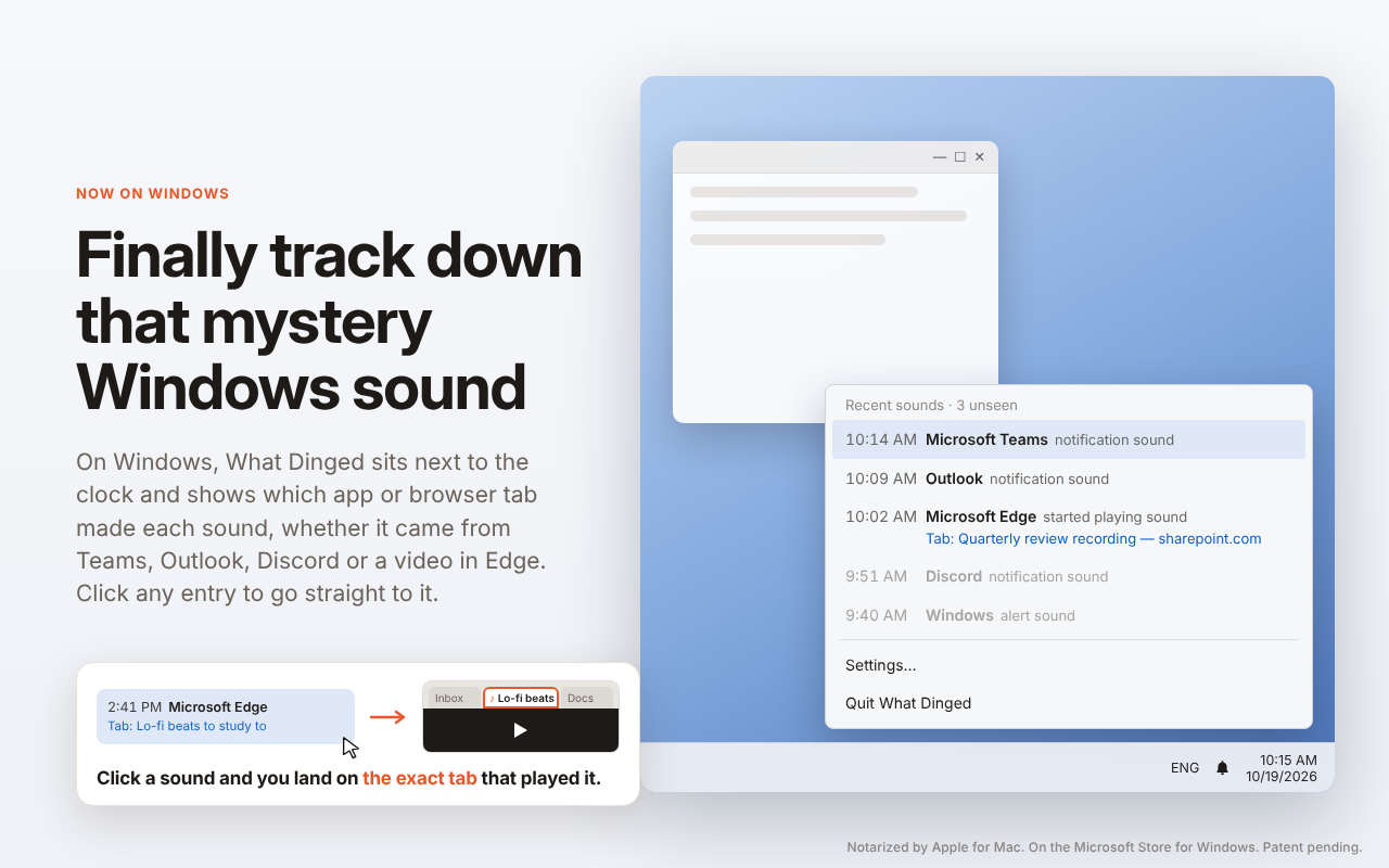 What Dinged on Windows, opened from the system tray and listing sounds from Microsoft Teams, Outlook, an Edge tab, Discord and Windows