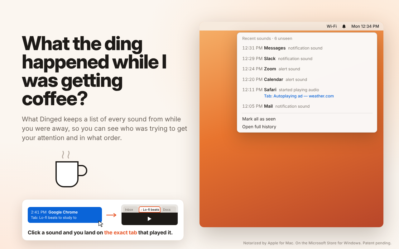 What Dinged's menu open after a coffee break, listing the six sounds that played while you were away: Messages, Slack, Zoom, Calendar, an autoplaying ad in a Safari tab, and Mail